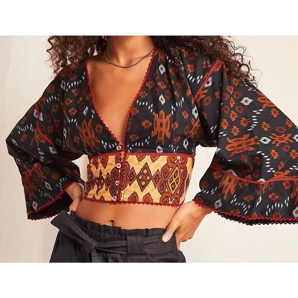 One Teaspoon Batik Stevie Bell Sleeves Bohemian Crop Top Small - Picture 1 of 11